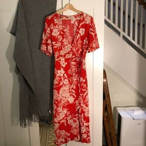 Red floral wrap midi dress